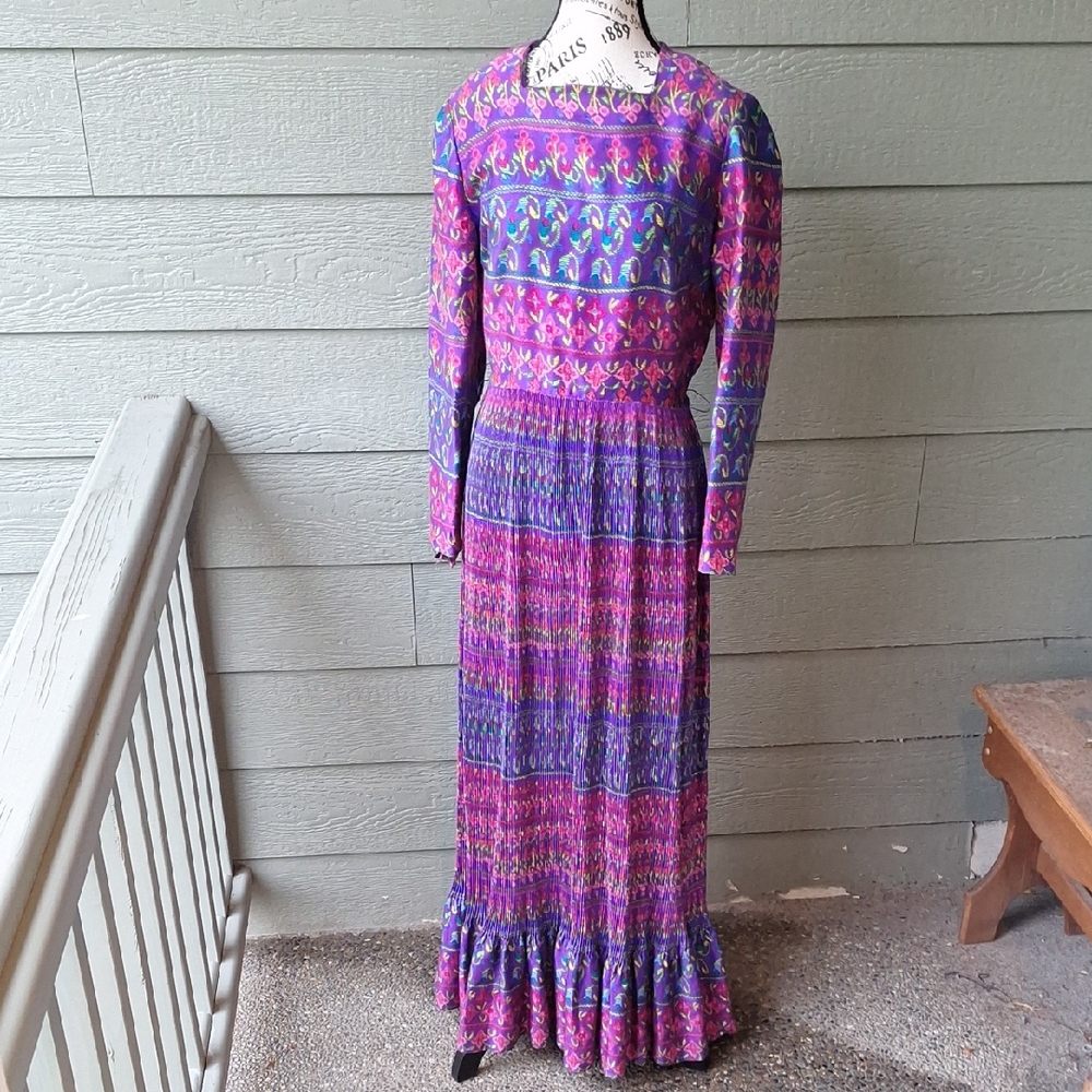 Vintage Krist Multi-pattern Multi-color Long Sleeve Boho Maxi Dress Pink Purple